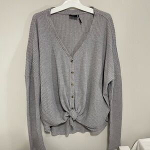 Urban Outfitters Gray Button-Down Waffle Knit Long Sleeve Top